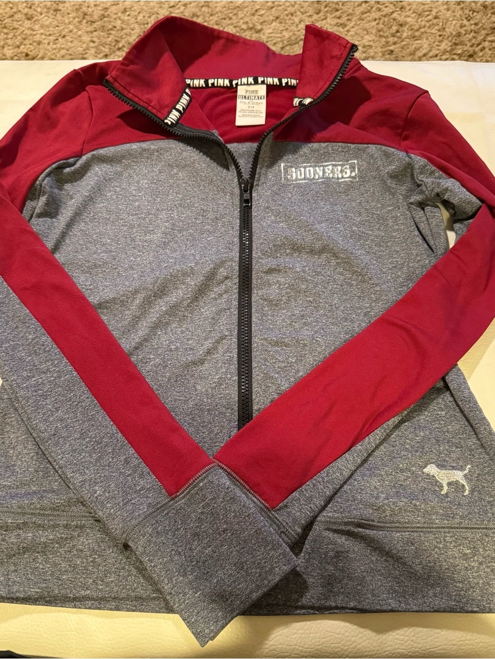 PINK Victoria's Secret Oklahoma Sooners Full Zip Track Jacket Small Gray Red